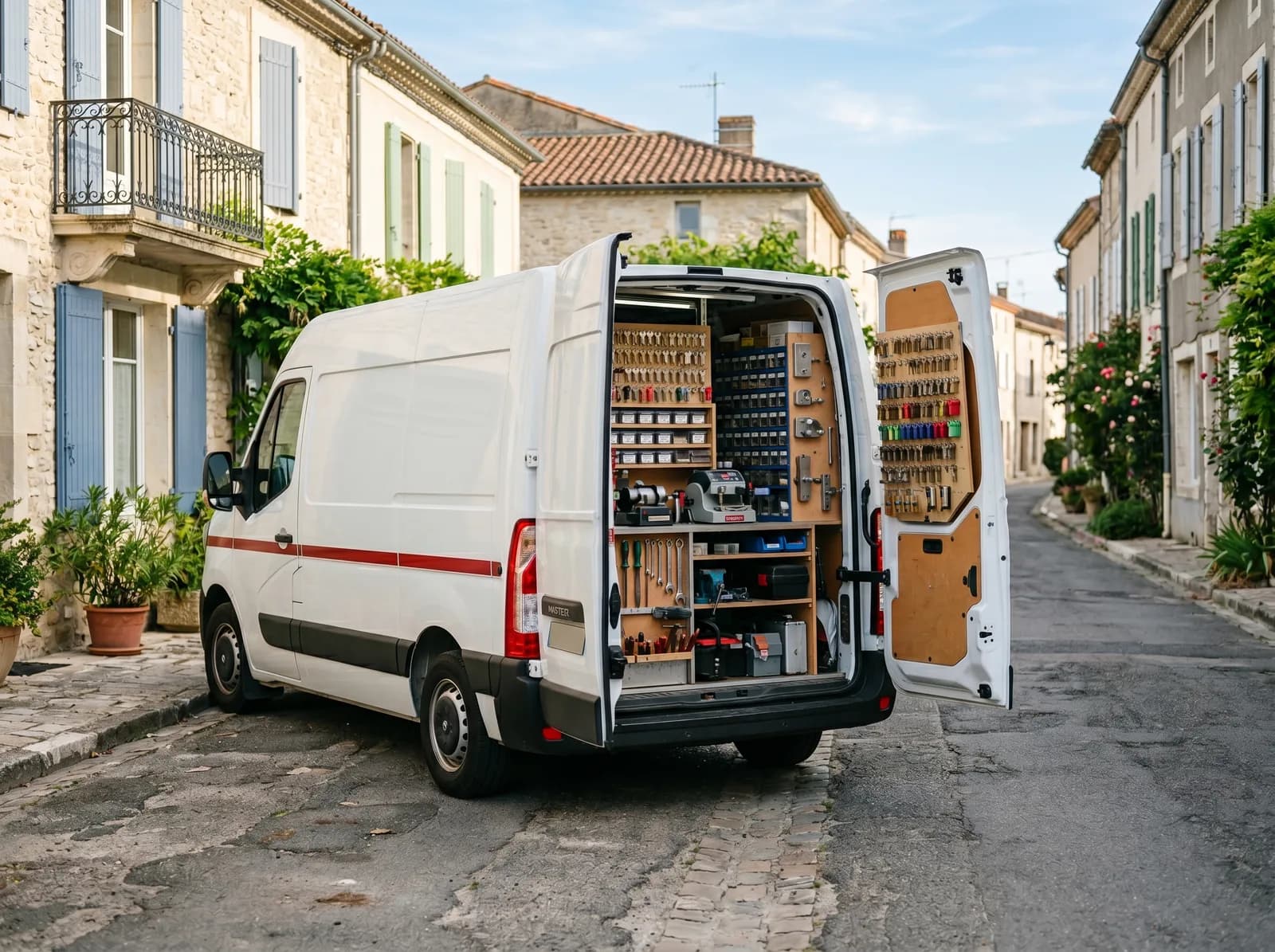 Camionnette atelier du serrurier Okey, artisan local à Tours, équipée de clés et serrures